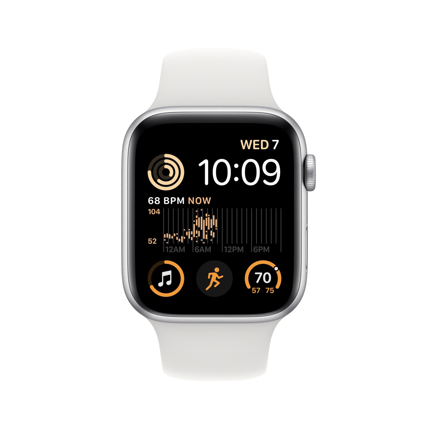 ساعة Apple SE (وظيفة الاتصال + نظام تحديد المواقع، 44 ملم) - هيكل الومنيوم فضي مع سوار رياضي ابيض -عادي