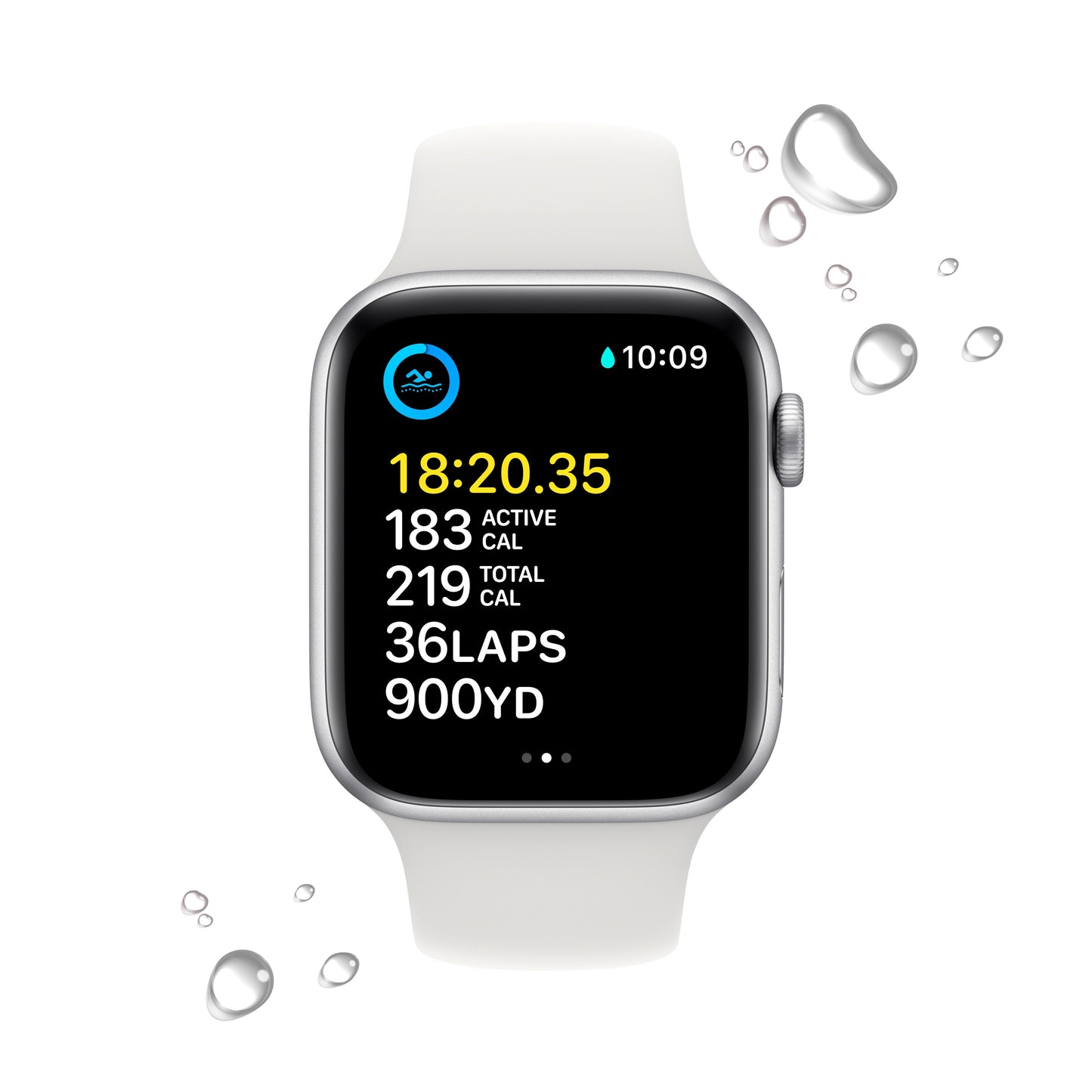 ساعة Apple SE (وظيفة الاتصال + نظام تحديد المواقع، 44 ملم) - هيكل الومنيوم فضي مع سوار رياضي ابيض -عادي