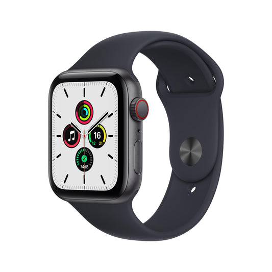 ساعة Apple Watch SE GPS + شريحة، 44 مم، إطار من الألمنيوم الرمادي مع Loop رياضي ميدنايت - عادي