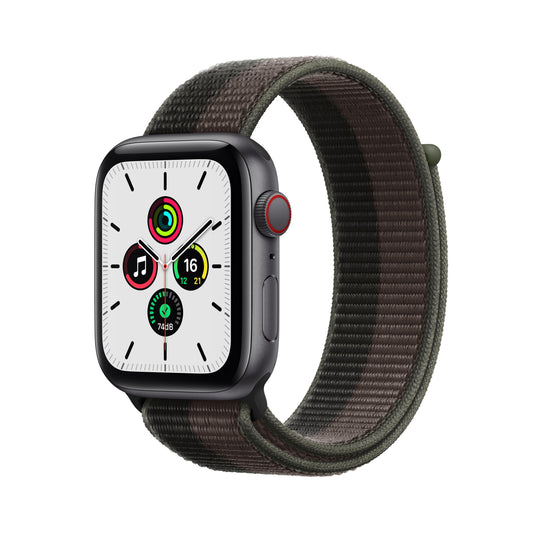 ساعة Apple Watch SE GPS + شريحة، 44 مم، إطار من الألمنيوم الرمادي مع Loop رياضية باللون رمادي تورنيدو.