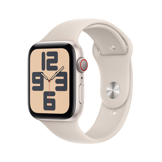 ساعة Apple Watch SE GPS + Cellular مقاس 44 مم، وإطار من الألومنيوم ضوء النجوم، حزام رياضي ضوء النجوم - صغير/متوسط