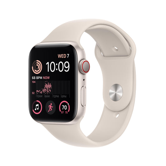 ساعة Apple Watch SE GPS + شريحة 44 مم، إطار ألمنيوم بلون ستارلايت الفضي مع Loop رياضي بلون ستارلايت الفضي - عادي