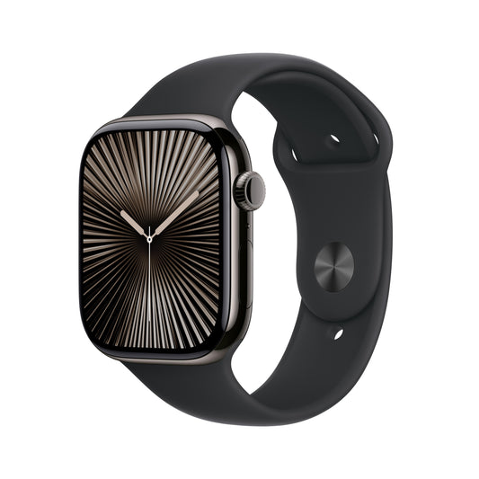 ساعة Apple Watch Series 10 GPS + Cellular مقاس 42 مم، وإطار من التيتانيوم سليت، حزام رياضي أسود - صغير/متوسط