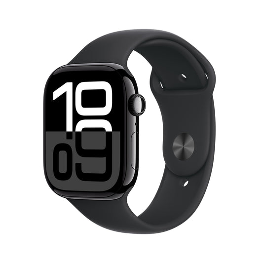 ساعة Apple Watch Series 10 GPS مقاس 46 مم، وإطار من الألومنيوم أسود، حزام رياضي أسود - متوسط/كبير