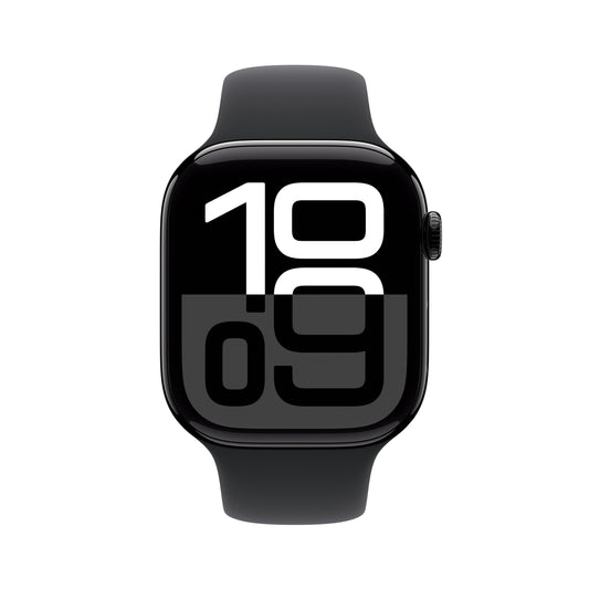 ساعة Apple Watch Series 10 GPS مقاس 46 مم، وإطار من الألومنيوم أسود، حزام رياضي أسود - صغير/متوسط