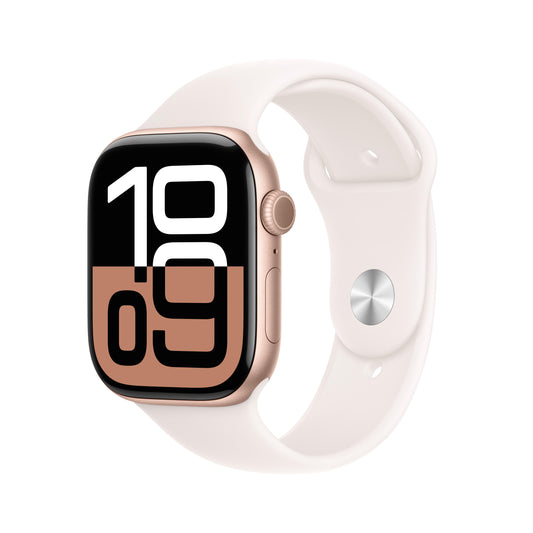 ساعة Apple Watch Series 10 GPS مقاس 46 مم، وإطار من الألومنيوم ذهبي وردي، حزام رياضي وردي فاتح - متوسط/كبير