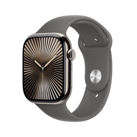 ساعة Apple Watch Series 10 GPS + Cellular مقاس 46 مم، وإطار من التيتانيوم، حزام رياضي رمادي حجري - صغير/متوسط