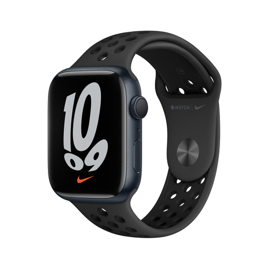 ساعة Apple Watch Nike Series 7 GPS، 45 مم، إطار من الألمنيوم اللون ميدنايت مع Loop Nike الرياضي باللون الأنثراسيت/الأسود