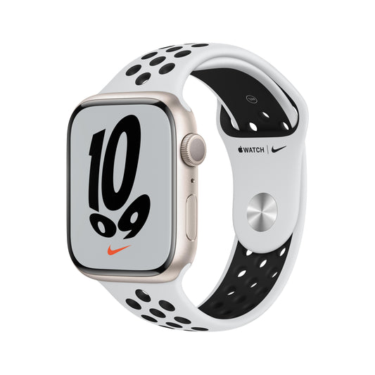 ساعة Apple Watch Nike Series 7 GPS، 45 مم، إطار من الألمنيوم الفضي مع Loop Nike الرياضي باللون البلاتيني النقي/الأسود