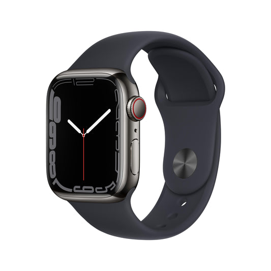 Apple Watch Series 7 GPS + Cellular ، هيكل من الستانلس ستيل الجرافيت مقاس 41 ملم مع حزام رياضي لون اسود - عادي
