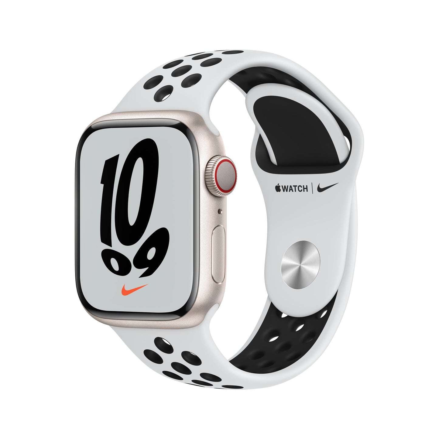 Apple Watch Nike Series 7 GPS + Cellular, 41mm Starlight Aluminium Case with Pure Platinum/Black Nike Sport Band - Regular