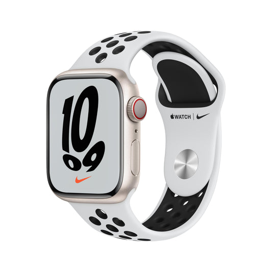 ساعة Apple Watch Nike Series 7 GPS + شريحة، 41 مم، إطار من الألمنيوم الفضي مع Loop Nike الرياضي باللون البلاتيني النقي/الأسود