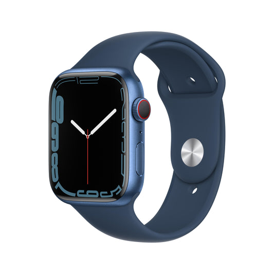 ساعة Apple Watch Series 7 GPS + شريحة، 45 مم، إطار من الألمنيوم الأزرق مع Loop رياضي أزرق غامق - نسخة عادية
