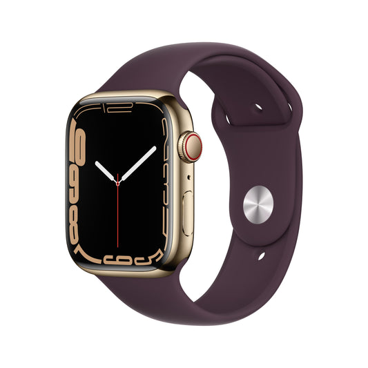 ساعة Apple Watch Series 7 GPS + شريحة، 45 مم، إطار من الستانلس ستيل باللون الذهبي مع Loop رياضي باللون الكرز الداكن