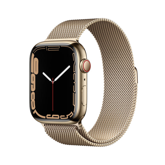 ساعة Apple Watch Series 7 GPS + شريحة، 45 مم، إطار من الستانلس ستيل باللون الذهبي مع Loop ميلانيزي ذهبي
