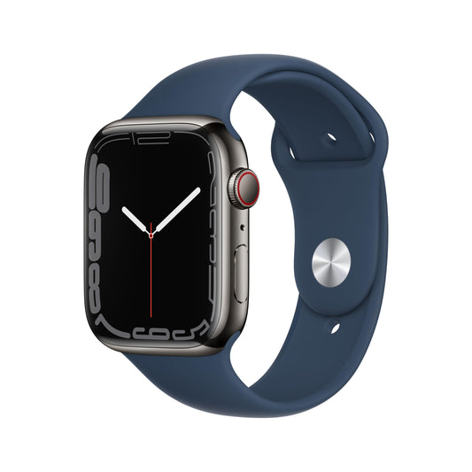ساعة Apple Watch Series 7 GPS + شريحة، 45 مم، إطار من الستانلس ستيل باللون الرمادي الغرافيتي مع Loop رياضي باللون الأزرق