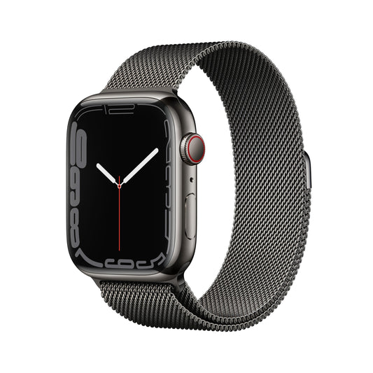 ساعة Apple Watch Series 7 GPS + شريحة، 45 مم، إطار من الستانلس ستيل باللون الجرافيت مع Loop ميلانيزي باللون الجرافيت