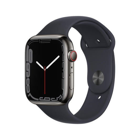 Apple Watch Series 7 GPS + Cellular ، هيكل من الستانلس ستيل الجرافيت مقاس 45 ملم مع حزام رياضي لون اسود - عادي