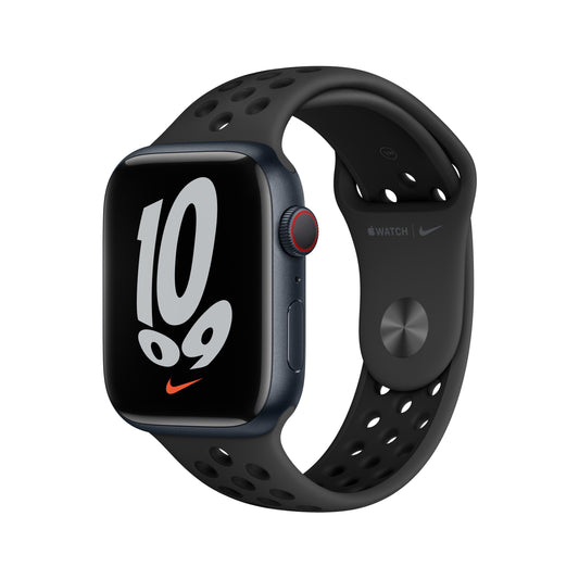 ساعة Apple Watch Nike Series 7 GPS + شريحة، 45 مم، إطار من الألمنيوم ميدنايت مع Loop Nike الرياضي باللون الأنثراسيت/الأسود