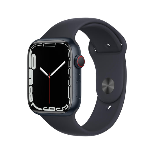 ساعة Apple Watch Series 7 GPS، 45 مم، إطار من الألمنيوم ميدنايت مع Loop رياضي ميدنايت
