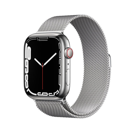 ساعة Apple Watch Series 7 GPS + شريحة، 45 مم، إطار من الستانلس ستيل باللون الفضي مع Loop ميلانيزي فضي