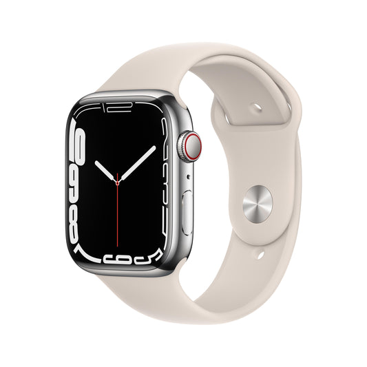 ساعة Apple Watch Series 7 GPS + شريحة، 45 مم، إطار من الستانلس ستيل باللون الفضي مع Loop رياضي بلون ستارلايت