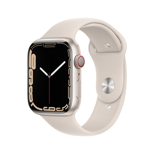 ساعة Apple Watch Series 7 GPS + شريحة، 45 مم، إطار من الومنيوم اللامع مع Loop رياضي لون ستارلايت - عادي