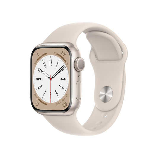 ساعة Apple Watch Series 8 GPS بقياس 41 مم، إطار ألمنيوم بلون ستارلايت مع Loop رياضي بلون ستارلايت - عادي