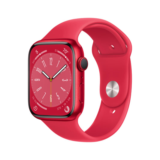 ساعة Apple Watch Series 8 GPS بقياس 45 مم أحمر مع إطار من الألمنيوم باللون الأحمر وLoop رياضي باللون الأحمر - عادي
