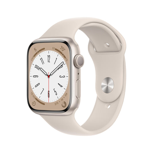ساعة Apple Watch Series 8 GPS بقياس 45 مم، إطار ألمنيوم بلون ستارلايت مع Loop رياضي بلون ستارلايت - عادي