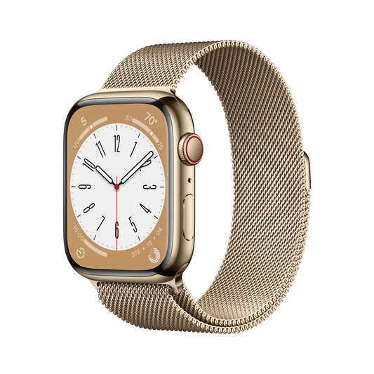 ساعة Apple Series 8 GPS + شريحة 45 مم ذهبية من الستانلس ستيل مع Loop ميلانيز ذهبية