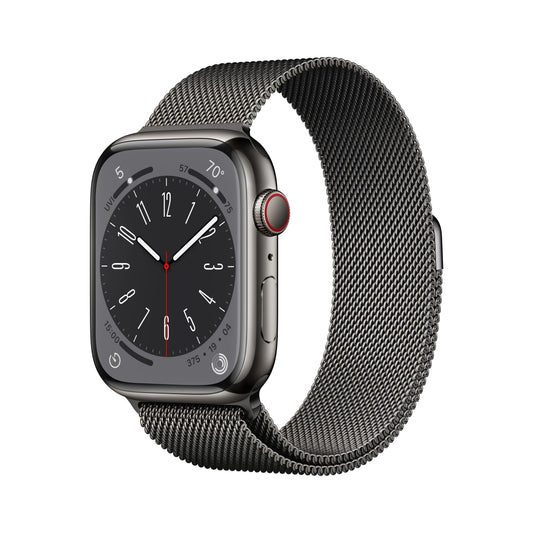 ساعة Apple Series 8 GPS + شريحة 45 مم إطار من الستانلس ستيل باللون الرمادي مع Loop ميلانيزي باللون الرمادي.