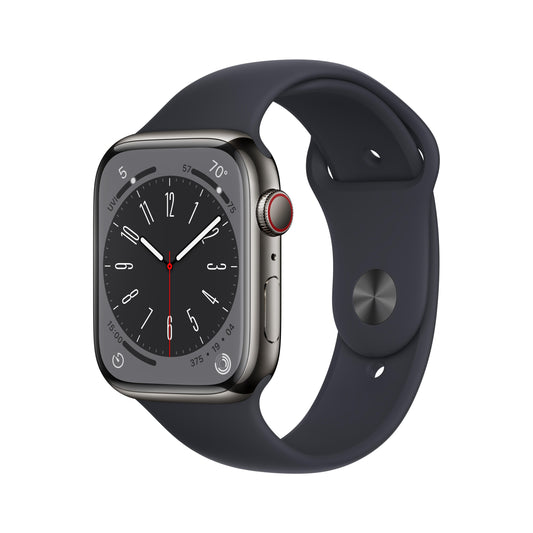 ساعة Apple Watch Series 8 GPS + شريحة 45 مم إطار من الستانلس ستيل باللون الرمادي مع Loop رياضي ميدنايت - عادي