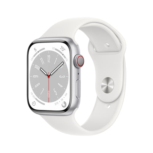ساعة Apple Watch Series 8 GPS + شريحة 45 مم إطار من الألمنيوم الفضي مع Loop رياضي أبيض - عادي
