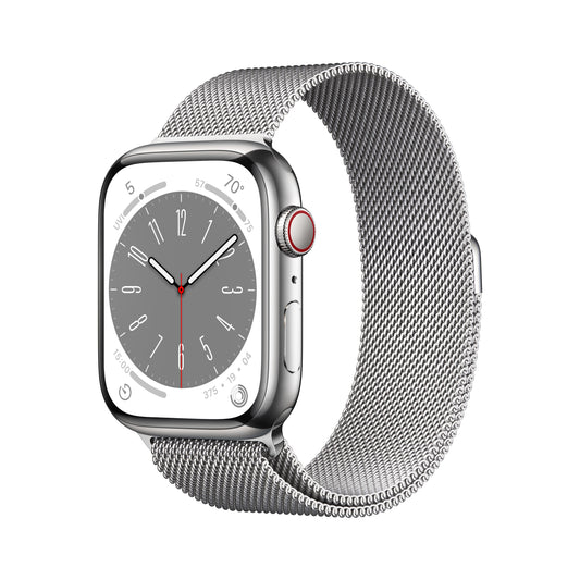 ساعة Apple Watch Series 8 GPS + شريحة 45 مم إطار من الستانلس ستيل باللون الفضي مع Loop رياضي ميلانيزي باللون الفضي - عادي
