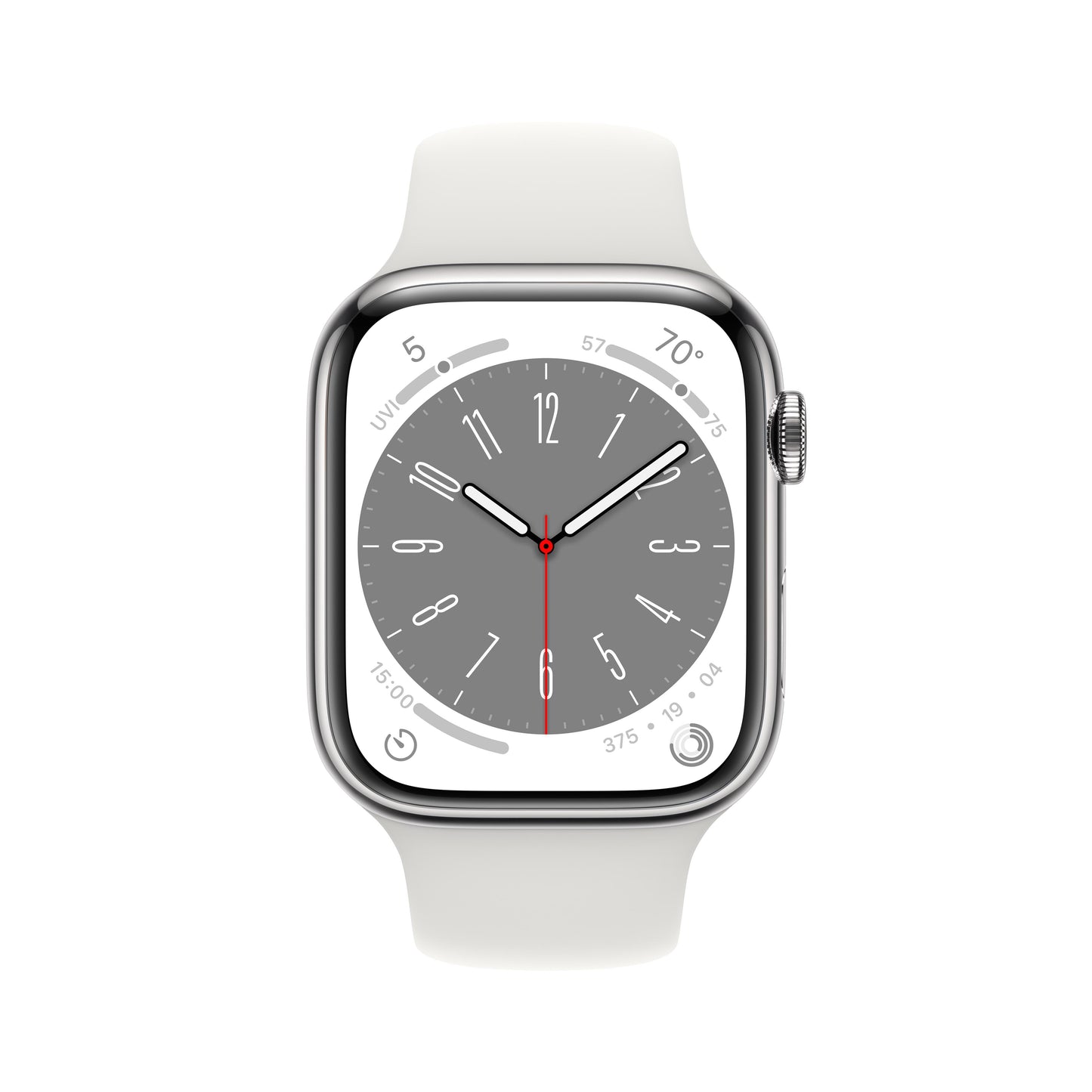 ساعة Apple Watch Series 8 GPS + شريحة 45 مم إطار من الستانلس ستيل الفضي مع Loop رياضي أبيض - عادي