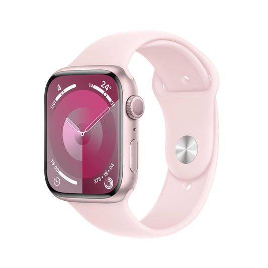 ساعة Apple Watch Series 9 GPS مقاس 41 مم، إطار ألمنيوم وردي، حزام رياضي وردي فاتح - M/L