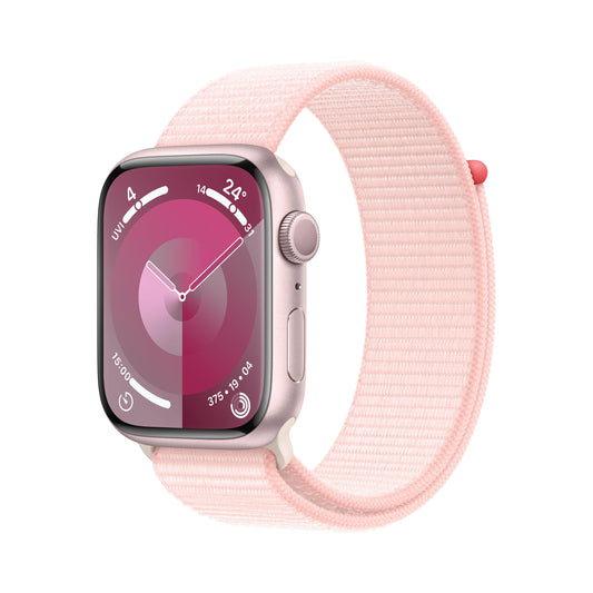 ساعة Apple Watch Series 9 GPS +Cellular مقاس 41 مم، إطار ألمنيوم وردي، Loop رياضي وردي فاتح