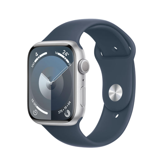 ساعة Apple Watch Series 9 GPS مقاس 41 مم، إطار ألمنيوم فضي، حزام رياضي أزرق ستورم - M/L