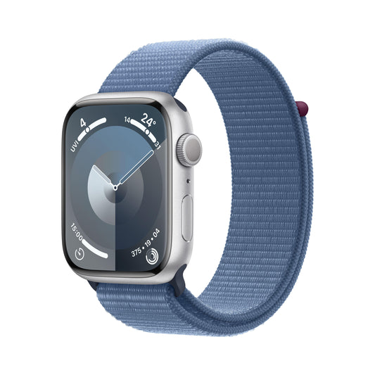 ساعة Apple Watch Series 9 GPS مقاس 41 مم، إطار ألمنيوم فضي، Loop رياضي أزرق العاصفة