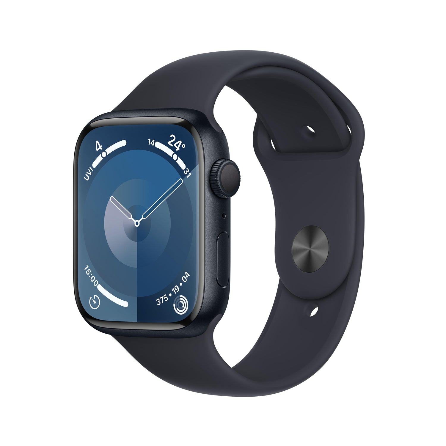ساعة Apple Watch Series 9 GPS 45 مم وإطار من الألمنيوم اللون منتصف الليل مع حزام رياضي منتصف الليل - M/L