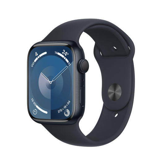 ساعة Apple Watch Series 9 GPS مقاس 45 مم، إطار ألمنيوم ميدنايت، حزام رياضي ميدنايت - S/M