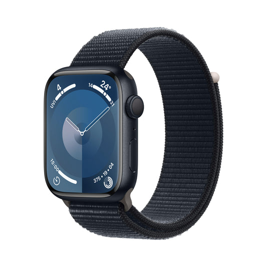 ساعة Apple Watch Series 9 GPS 45 مم وإطار من الألمنيوم لون منتصف الليل مع Loop رياضي منتصف الليل