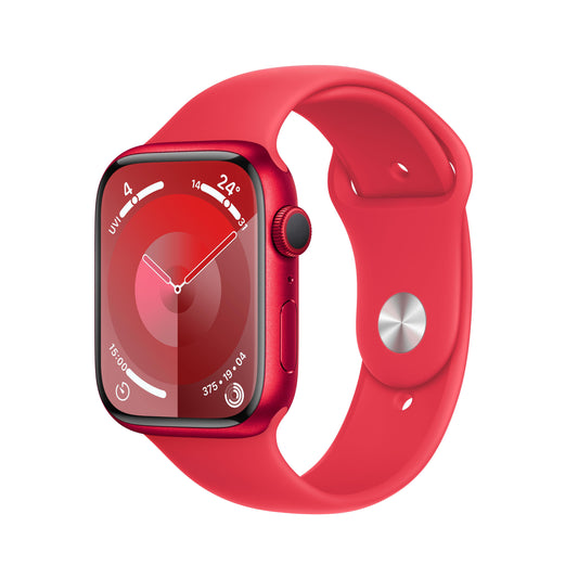 ساعة Apple Watch Series 9 GPS 45 مم، مع إطار من الألمنيوم اللون الأحمر وحزام رياضي أحمر - S/M