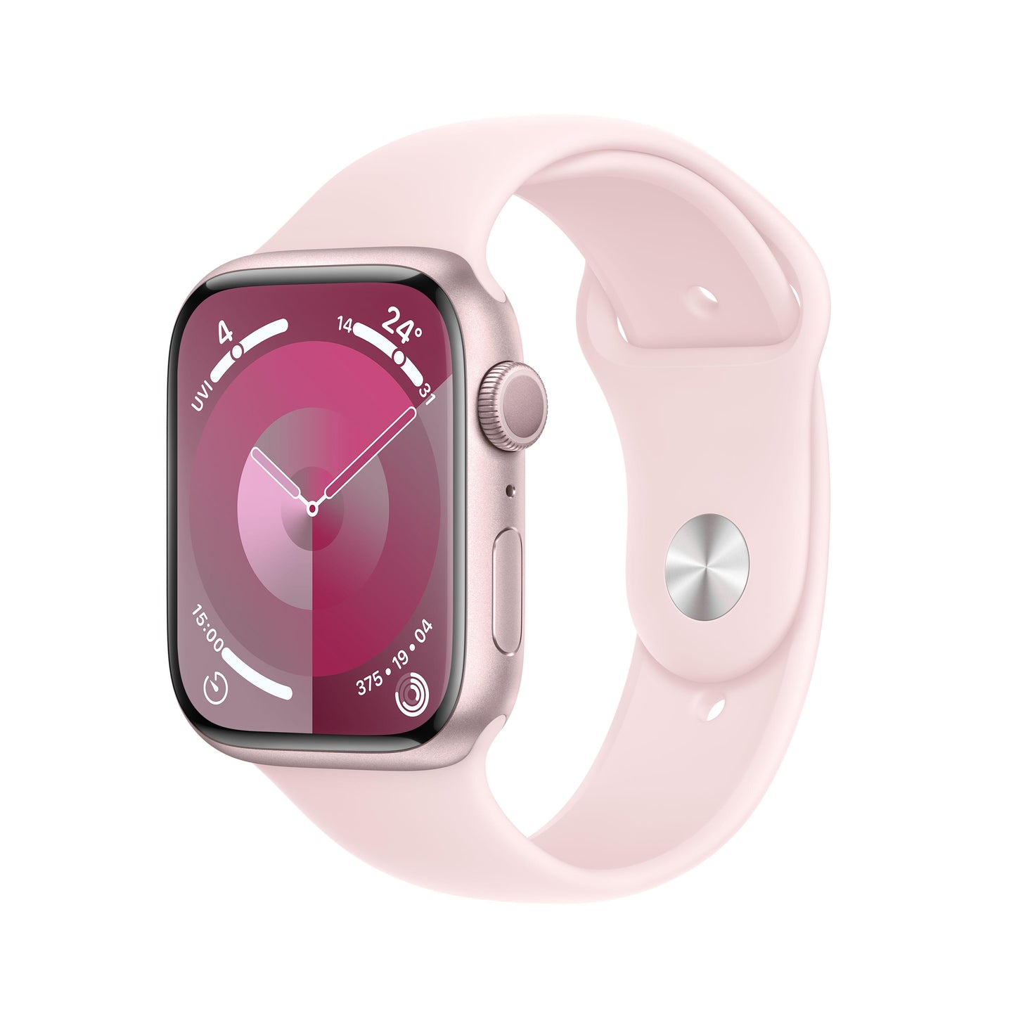 ساعة Apple Watch Series 9 GPS 45 مم وهيكل من الألمنيوم الوردي مع حزام رياضي وردي فاتح - M/L