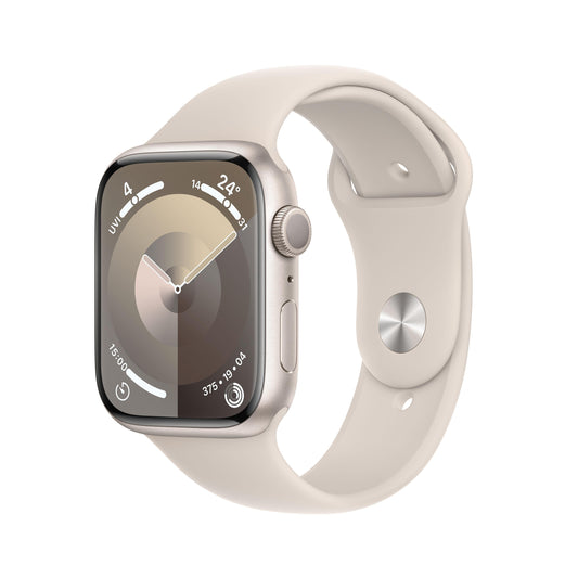 ساعة Apple Watch Series 9 GPS مقاس 45 مم، إطار ألمنيوم ستارلايت، حزام رياضي ستارلايت - S/M
