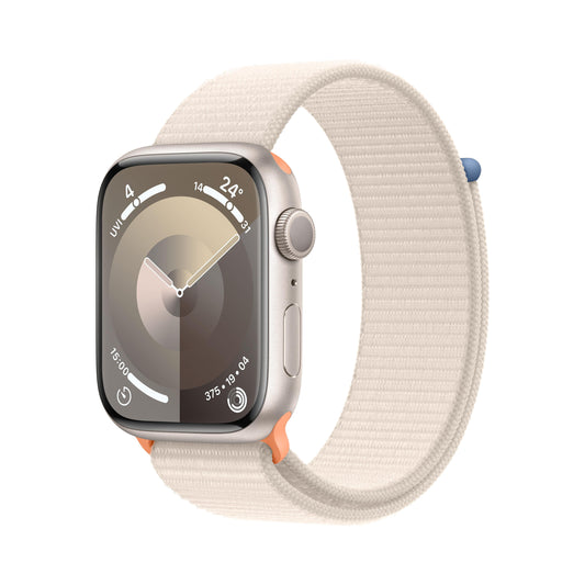 ساعة Apple Watch Series 9 GPS مقاس 45 مم، إطار ألمنيوم ستارلايت، Loop رياضي ستارلايت