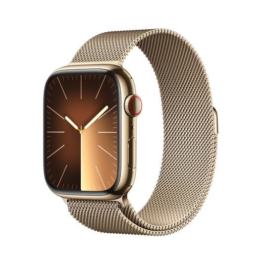 ساعة Apple Watch Series 9 GPS + Cellular  مقاس 41 مم، إطار ستاينليس ستيل ذهبي، Loop ميلانيس ذهبي