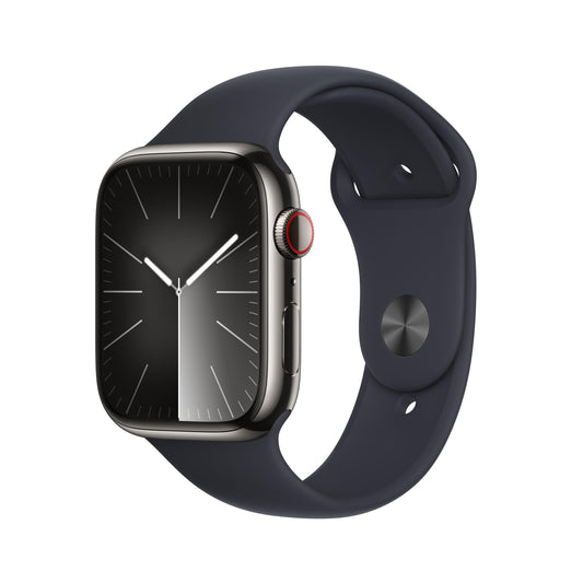 ساعة Apple Watch Series 9 GPS + Cellular 41 مم أسود الجرافيتي وحافظة من الستانلس ستيل مع حزام رياضي منتصف الليل - S/M