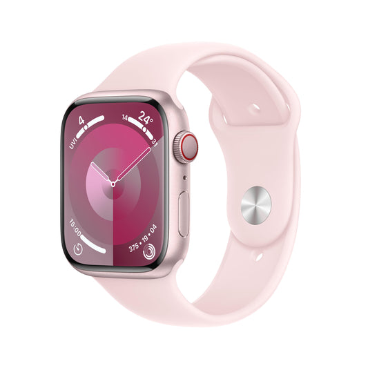 ساعة Apple Watch Series 9 GPS + Cellular 41 مم إطار من الألمنيوم الوردي مع حزام رياضي وردي فاتح - M/L